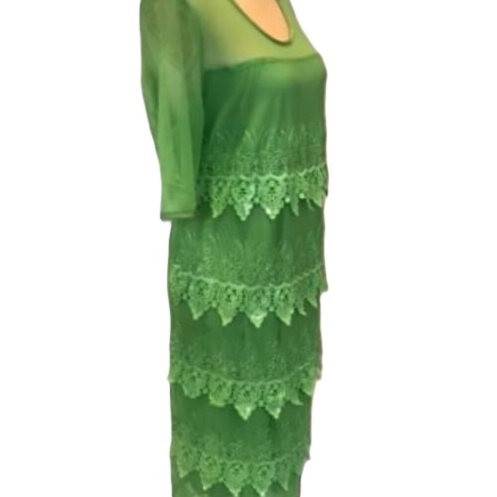 Badgley Mischka Green Sheer Lace Tiered Sequins Cocktail Dress LARGE NWT $145 - Picture 6 of 16